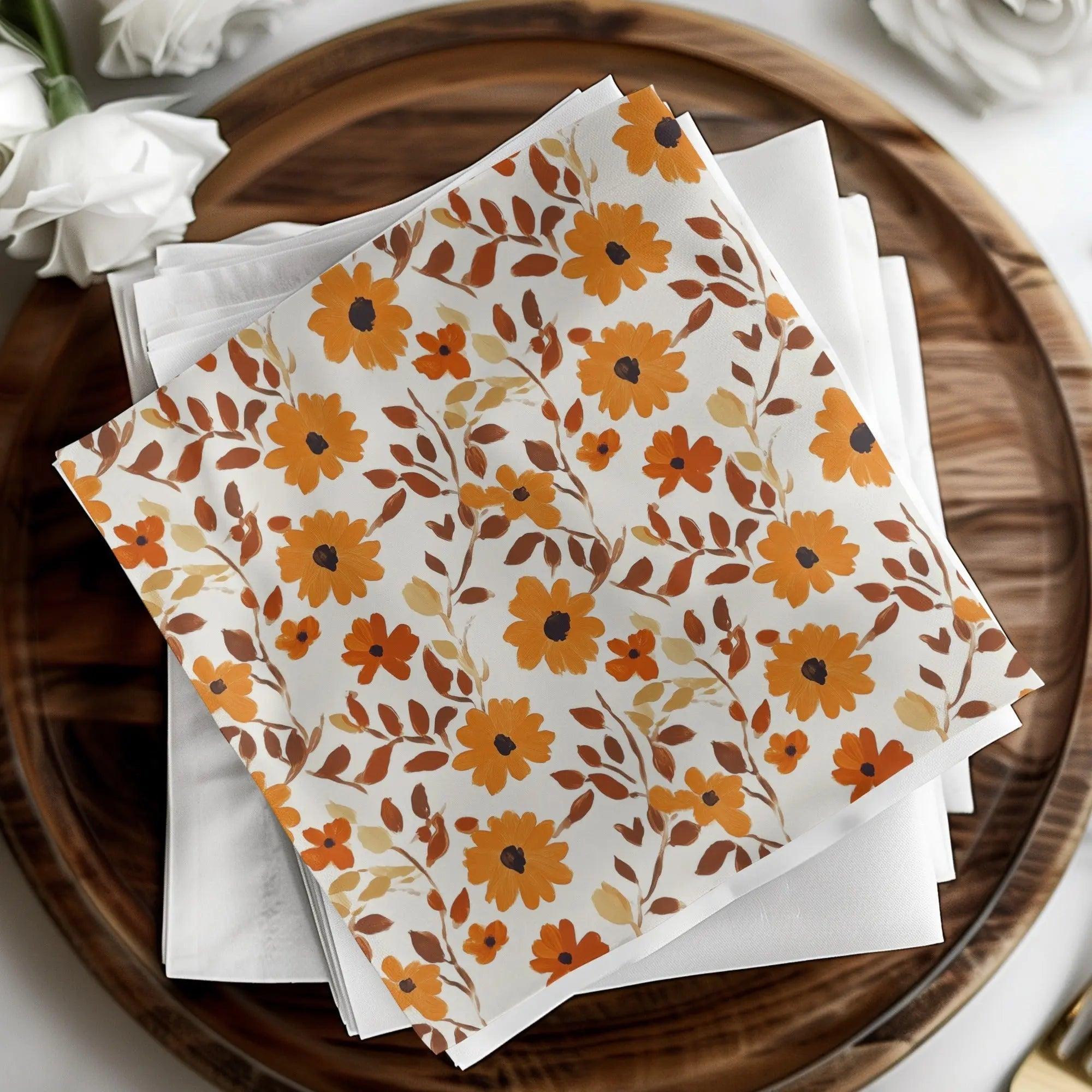 Orange Floral Digital Paper, Autumn Flowers Seamless Pattern, Fall Botanical Repeat Pattern, Printable Flower Fabric Design, Digital