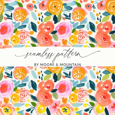 Orange Floral Pattern Digital Paper, Pink Roses Abstract Painting, Spring Flowers Watercolor Background, Summer Fruits Seamless Design