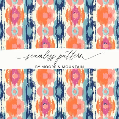 Orange Pink Ikat Digital Paper, Boho Tribal Pattern, Abstract Ethnic Repeat, Turquoise, Navy Blue, Seamless Digital File, Trendy Wallpaper