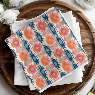 Orange Pink Ikat Digital Paper, Boho Tribal Pattern, Abstract Ethnic Repeat, Turquoise, Navy Blue, Seamless Digital File, Trendy Wallpaper