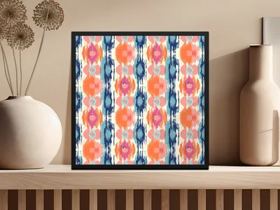 Orange Pink Ikat Digital Paper, Boho Tribal Pattern, Abstract Ethnic Repeat, Turquoise, Navy Blue, Seamless Digital File, Trendy Wallpaper