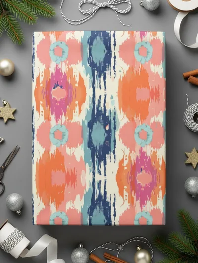 Orange Pink Ikat Digital Paper, Boho Tribal Pattern, Abstract Ethnic Repeat, Turquoise, Navy Blue, Seamless Digital File, Trendy Wallpaper