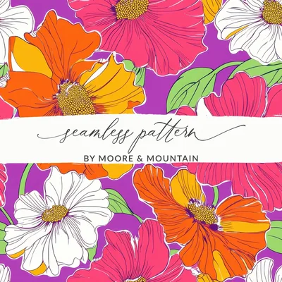 Orange Preppy Digital Download, 60s floral pattern, Seamless Retro Flowers, Groovy Floral Background, Colorful Flower Clipart