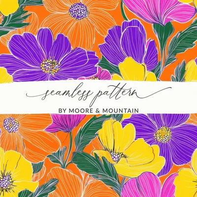 Orange Preppy Groovy Floral Background, Seamless Retro Flowers Digital Paper, 60s Floral Pattern, Colorful Flower