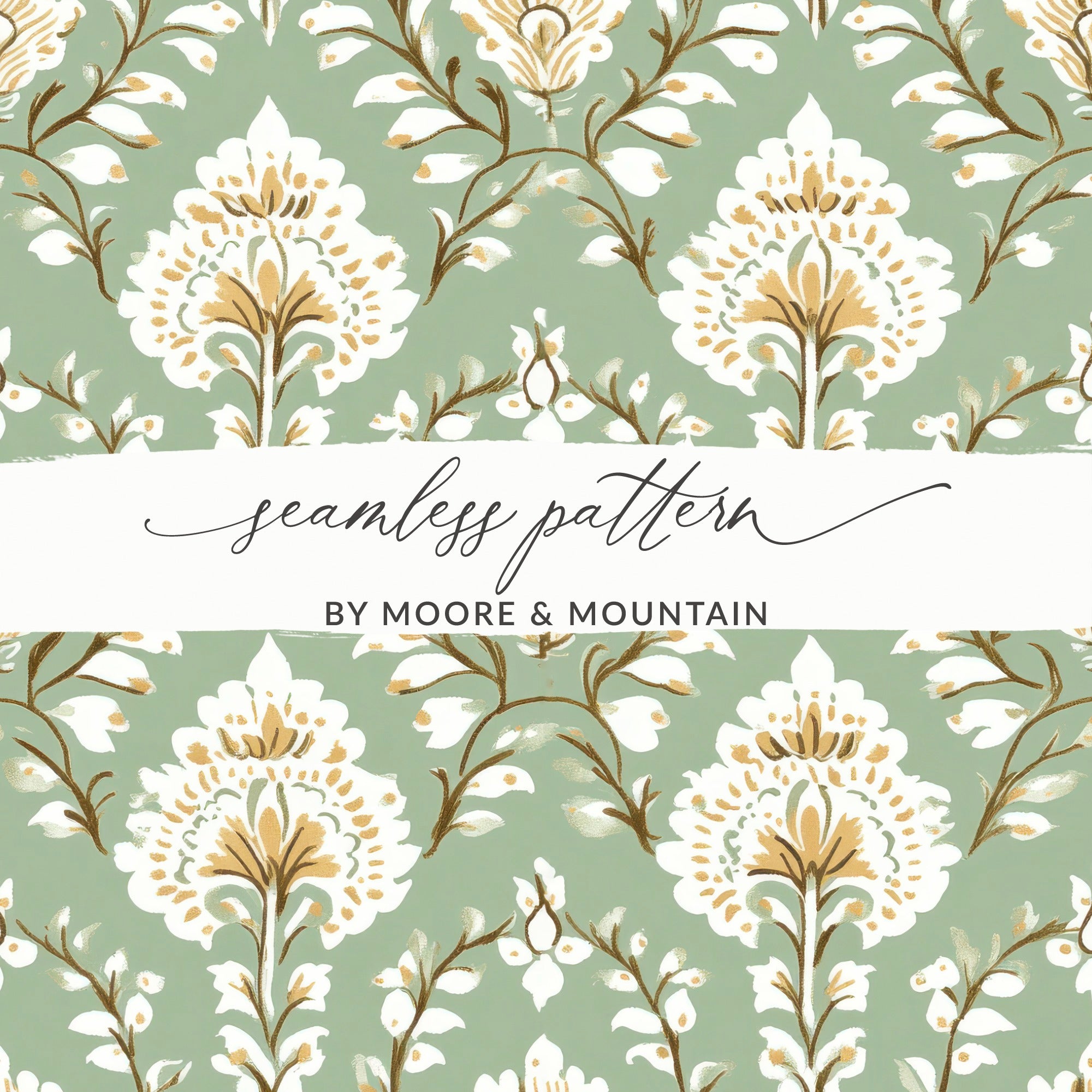 Ornate Floral Repeat Pattern Pale Green Background Indian Motif Geometric