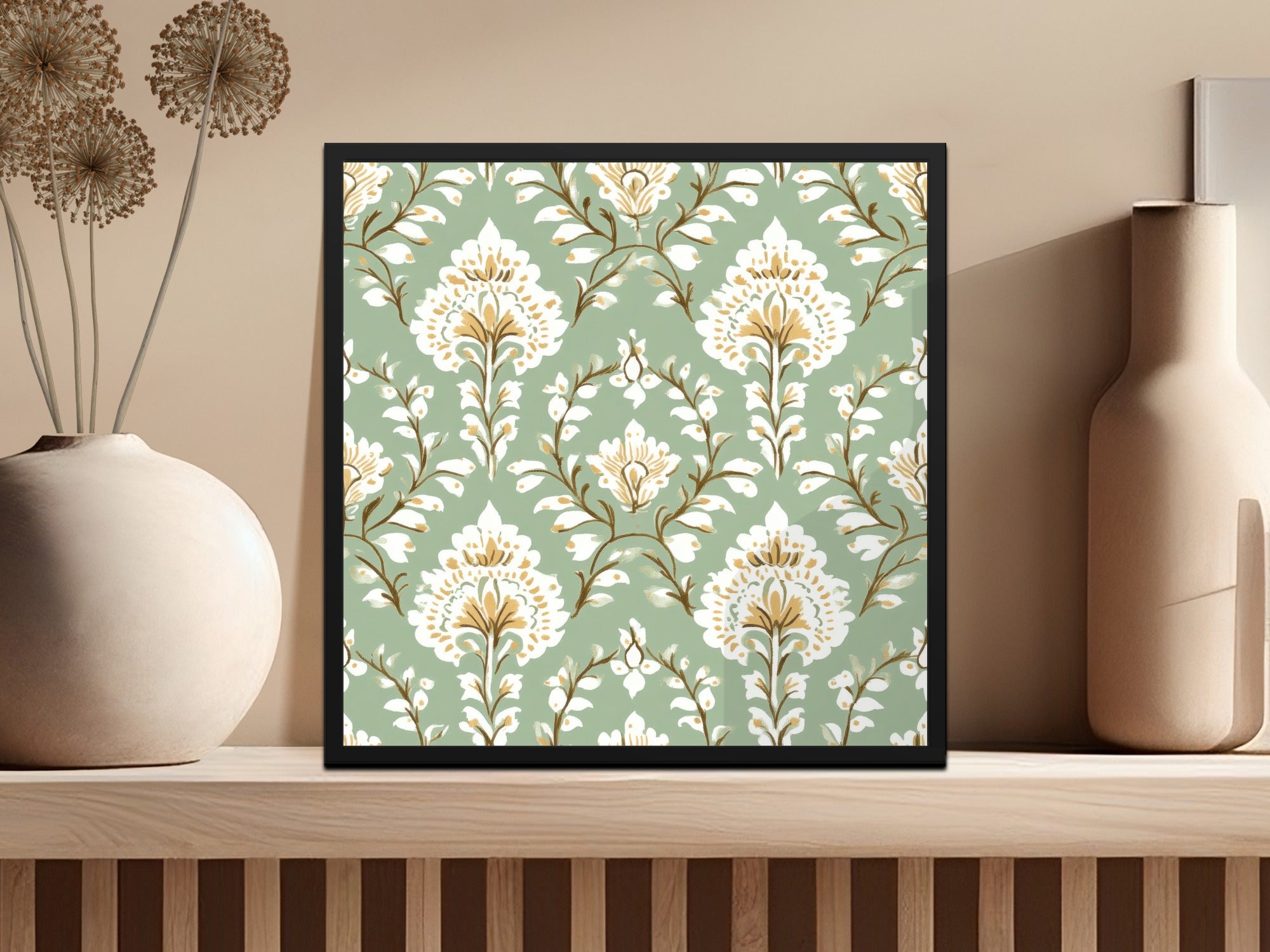 Ornate Floral Repeat Pattern Pale Green Background Indian Motif Geometric