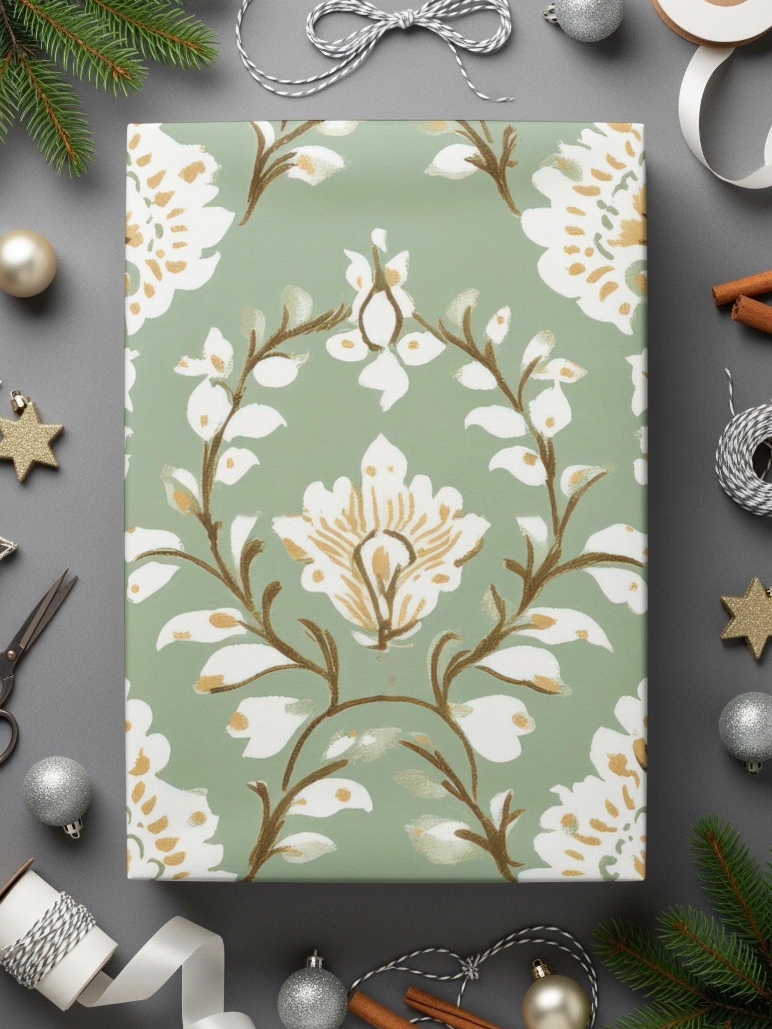 Ornate Floral Repeat Pattern Pale Green Background Indian Motif Geometric