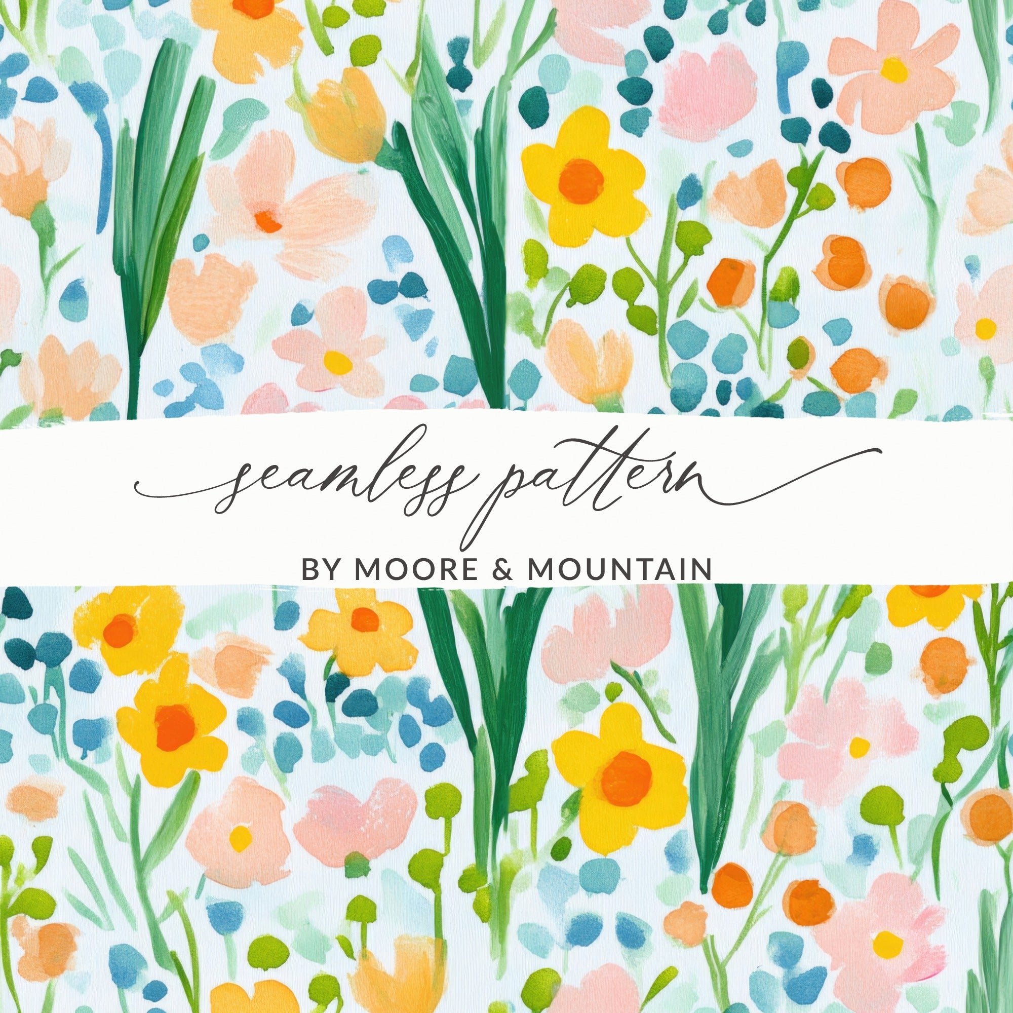 Painted Acrylic Spring Flower Pattern, Yellow Daisies, Blush and Sage Green Floral Design, Seamless Flower Field, Digital Download