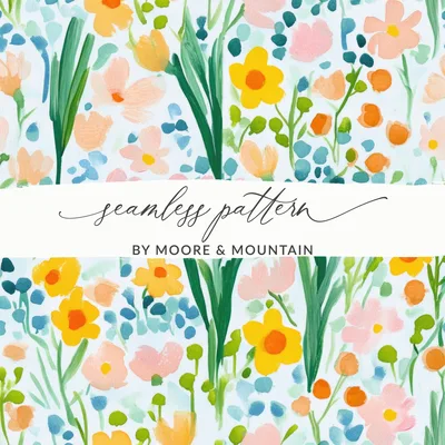 Painted Acrylic Spring Flower Pattern, Yellow Daisies, Blush and Sage Green Floral Design, Seamless Flower Field, Digital Download