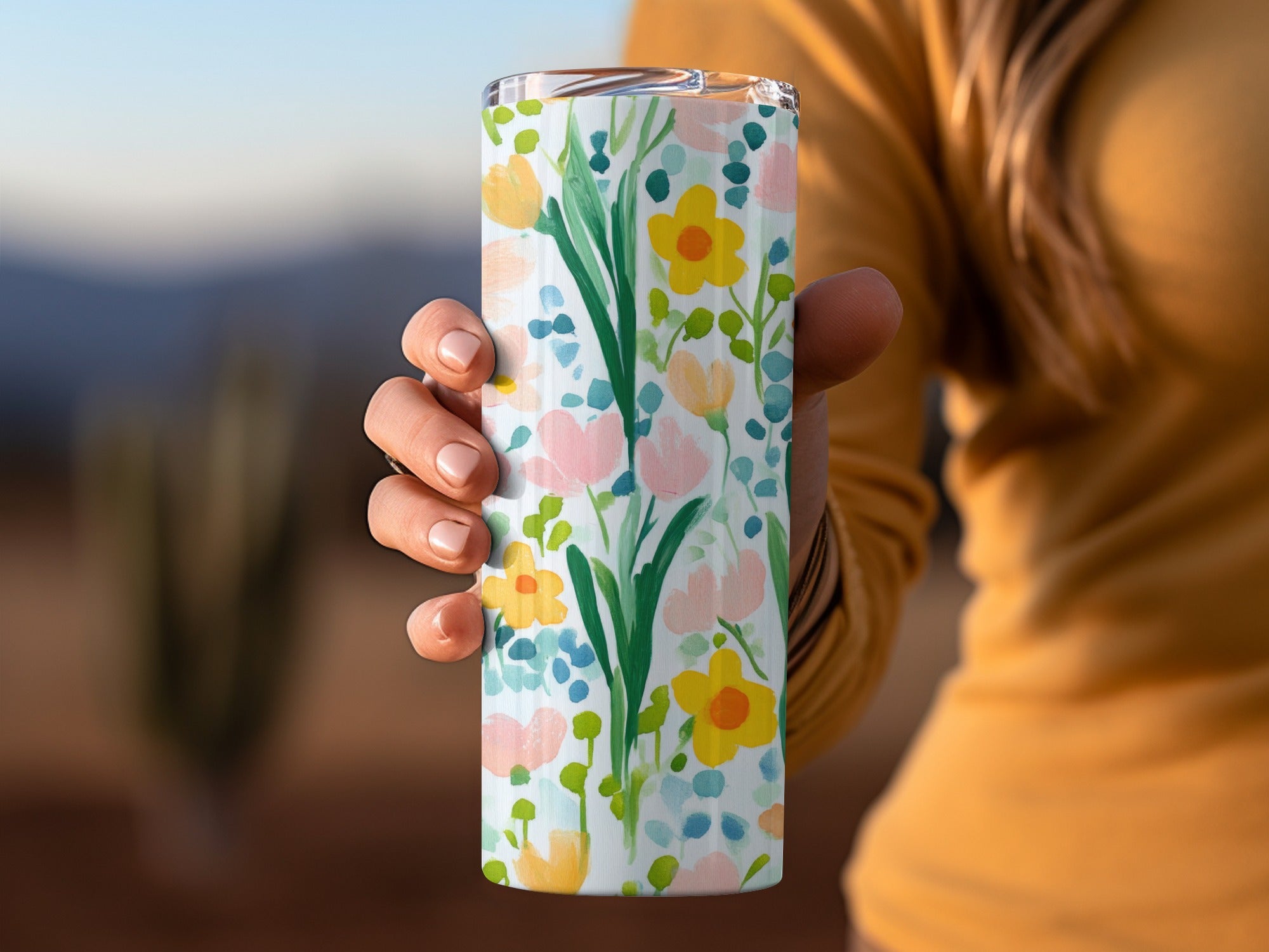 Painted Acrylic Spring Flower Pattern, Yellow Daisies, Blush and Sage Green Floral Design, Seamless Flower Field, Digital Download