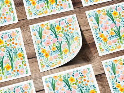 Painted Acrylic Spring Flower Pattern, Yellow Daisies, Blush and Sage Green Floral Design, Seamless Flower Field, Digital Download