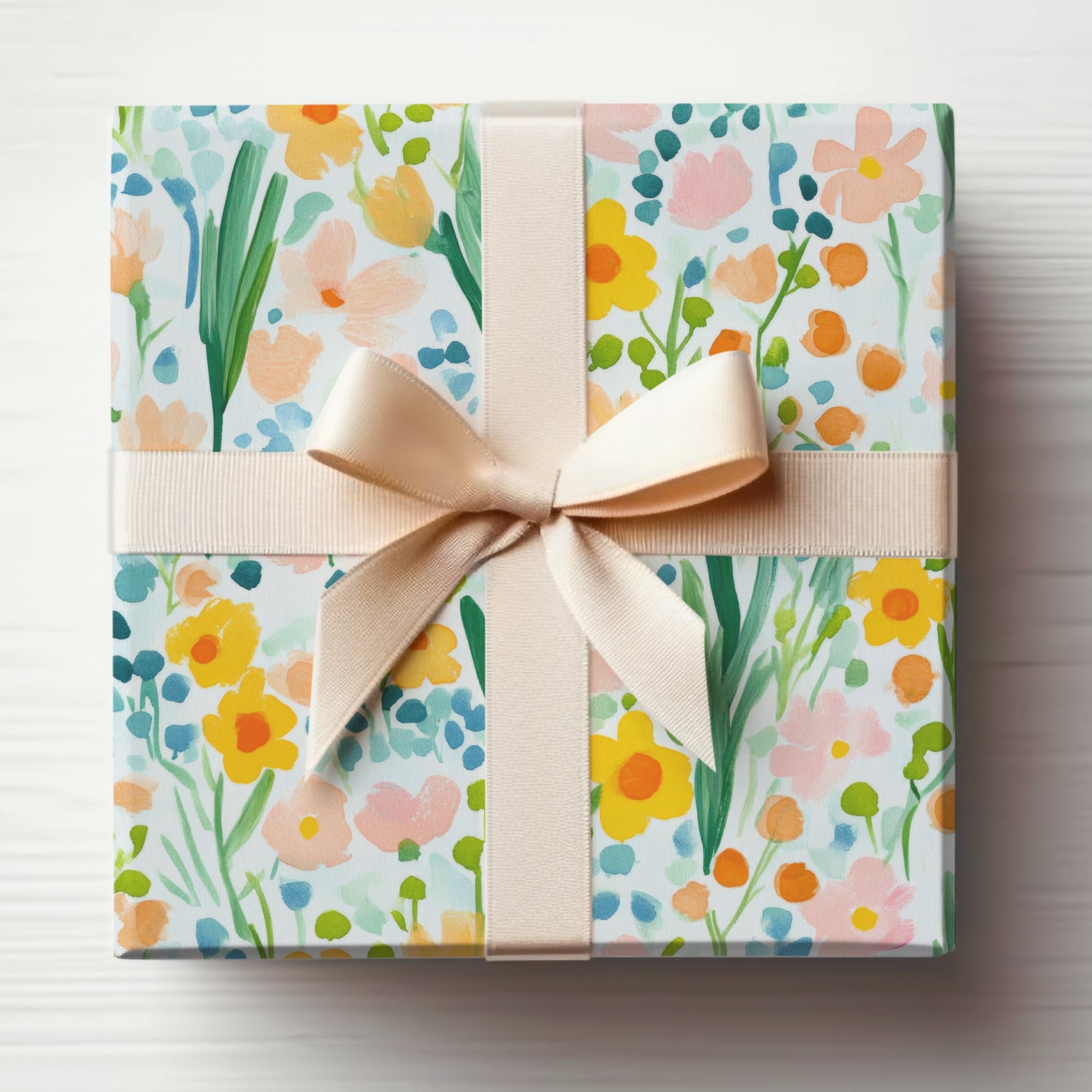 Painted Acrylic Spring Flower Pattern, Yellow Daisies, Blush and Sage Green Floral Design, Seamless Flower Field, Digital Download