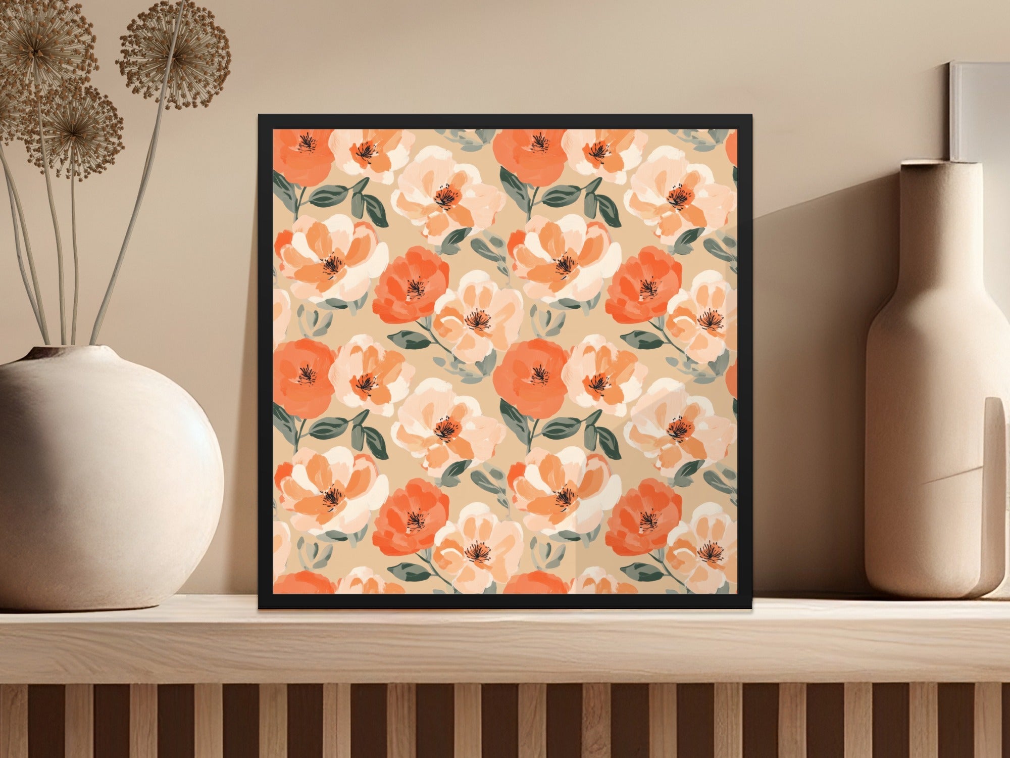 Painted Floral Pattern Peach and Orange Flowers Digital