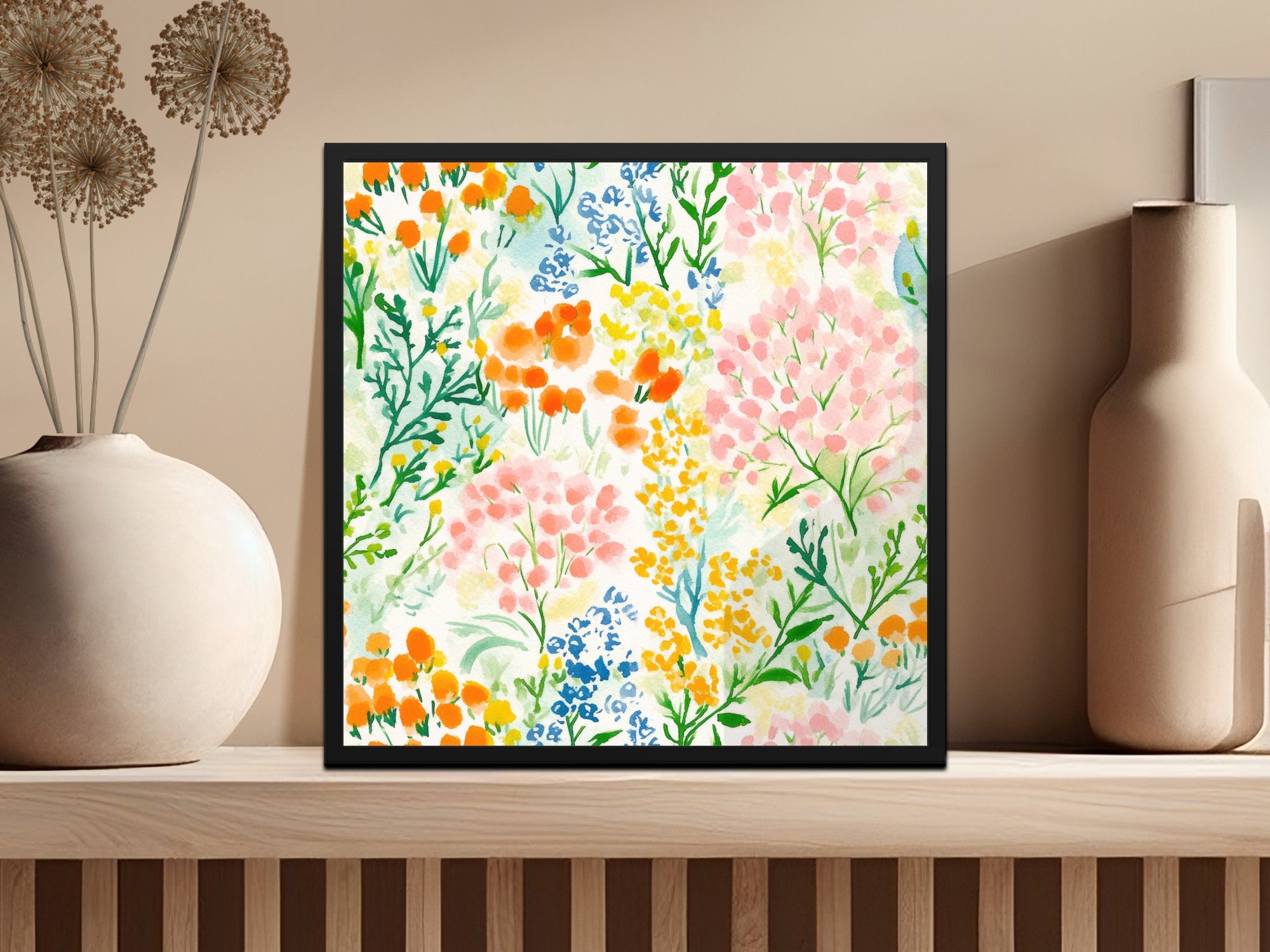 Painted Gouache Spring Florals, Blush, Yellow, Light Blue, Scattered Spring Wildflowers, Floral Pattern, Digital Download
