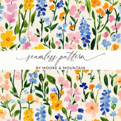 Painted Gouache Spring Florals, Multicolored Wildflower Pattern, Seamless Flower Field, Digital Paper, Digital Design, Commercial Use
