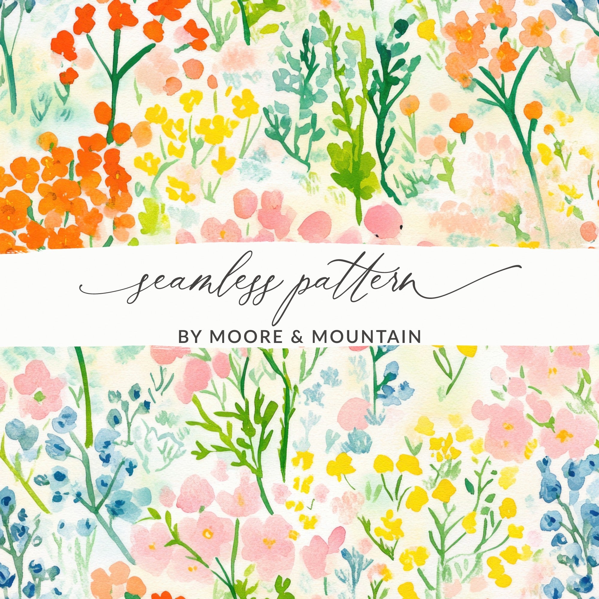 Painted Gouache Spring Florals, Pastel Flower Field, Seamless Flower Digital Image, Daffodil Digital Print, Yellow Pink Orange Blue, DIY