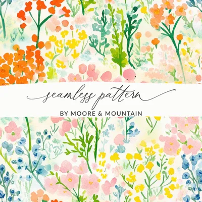 Painted Gouache Spring Florals, Pastel Flower Field, Seamless Flower Digital Image, Daffodil Digital Print, Yellow Pink Orange Blue, DIY