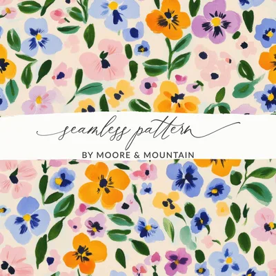 Painted Gouache Spring Florals, Pastel Pansies Seamless Flower Field, Multicolored Digital Design, Light Purple Flower Pattern