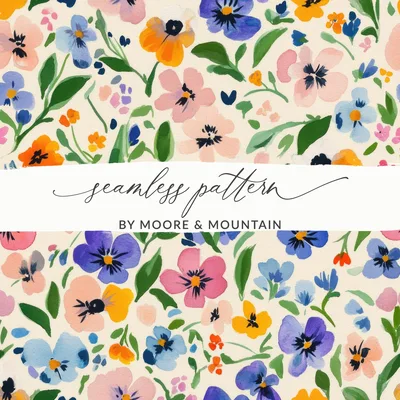 Painted Gouache Spring Florals, Seamless Flower Field, Light Purple Pansies, Blush Pink, Yellow Flowers, Digital Paper, Fabric Design