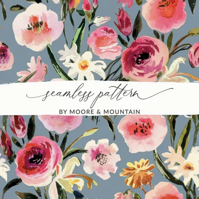 Painted Watercolor Roses Against a Gray Blue Background Digital Seamless Pattern Download