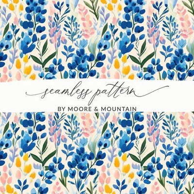 Painterly Blue Floral Digital Seamless Pattern, Watercolor Wildflower Print, Abstract Botanical Scrapbook Paper, Vibrant Spring Garden Art