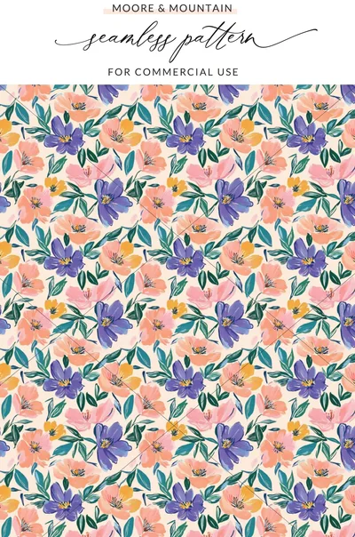 Painterly Floral Seamless Pattern Digital Paper, Abstract Gouache Flower Print, Boho Spring Summer Repeating Design, Scrapbook Wallpaper
