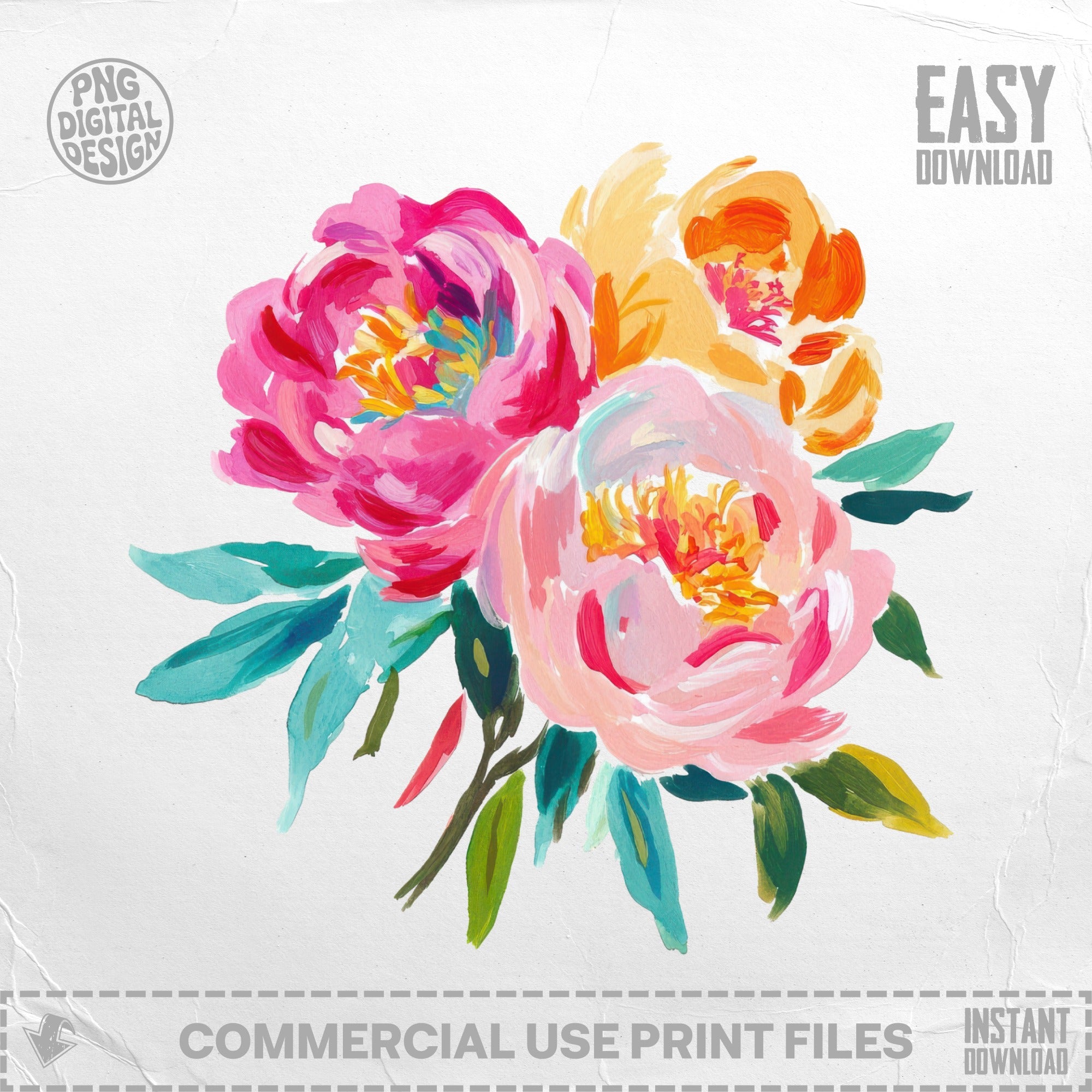 Painterly Peony SVG Preppy Peonies PNG Floral Clipart, Vibrant Watercolor Flower Art, Spring Summer Blooms, Craft Supply, Instant Download