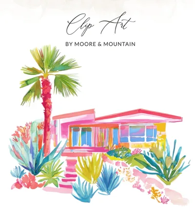 Palm Springs Digital Art Print, Mid Century Modern Home Watercolor, Vibrant Desert House Decor, Retro Pink Architecture Instant Download