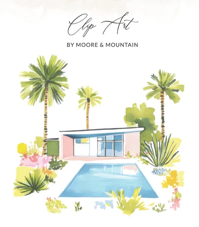 Palm Springs Digital Art Print, Mid Century Modern House, Poolside Desert Landscape Home Decor, Retro Watercolor Wall Art, Abstract
