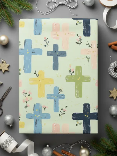 Pastel Crosses Digital Paper, Floral Cross Seamless Pattern, Religious Easter Background, Baptism Fabric Design, Sublimation Digital