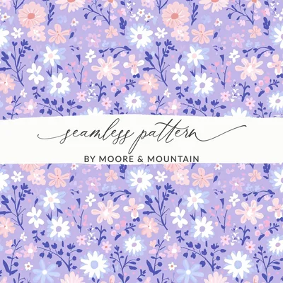 Pastel Floral Seamless Design, Lilac Lavender Digital Paper, Whimsical Pink White Peach Flowers, Modern Botanical Daisy Print, Commercial