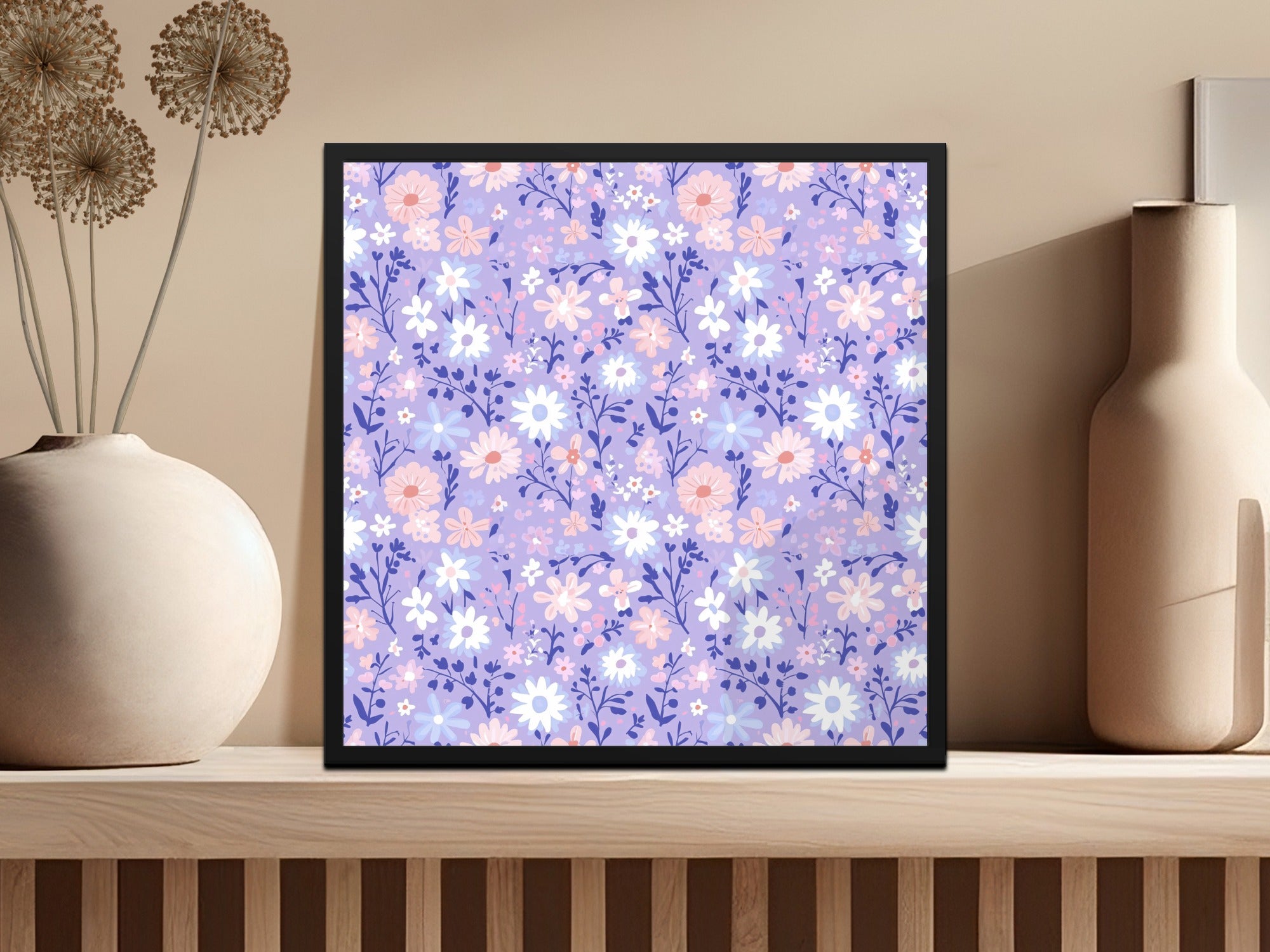 Pastel Floral Seamless Design, Lilac Lavender Digital Paper, Whimsical Pink White Peach Flowers, Modern Botanical Daisy Print, Commercial