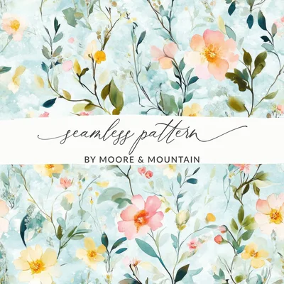 Pastel Watercolor Floral Digital Paper, Blue Spring Flower Pattern, Delicate Peach Yellow Bloom Art Print, Seamless Texture, Printable
