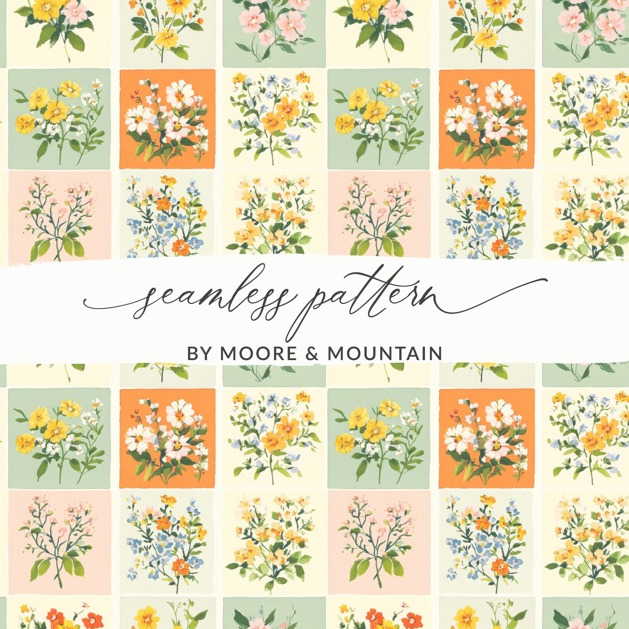Patchwork Floral Seamless Digital Pattern, Seamless Checkered Floral Pattern, Quilted Flowers Seamless Background JPEG
