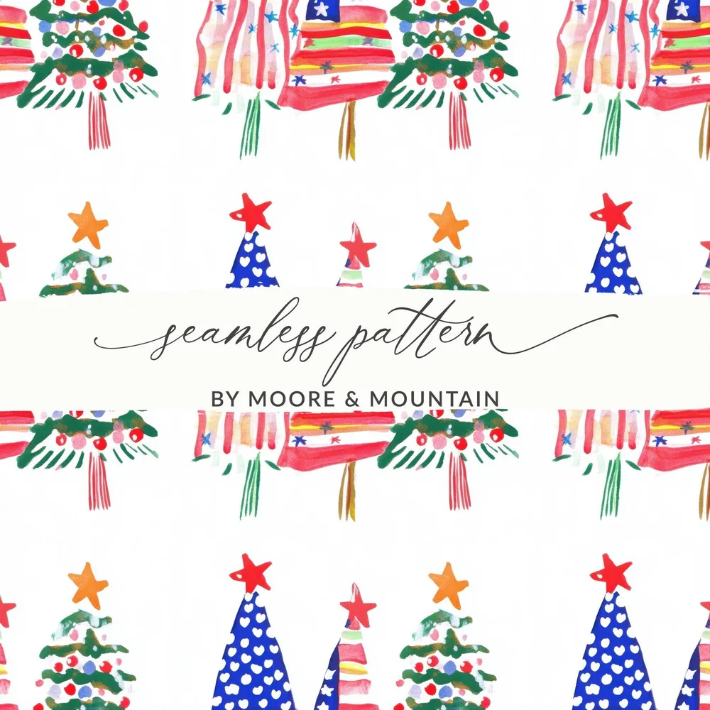 Patriotic Christmas Trees with Stars Seamless Festive Digital