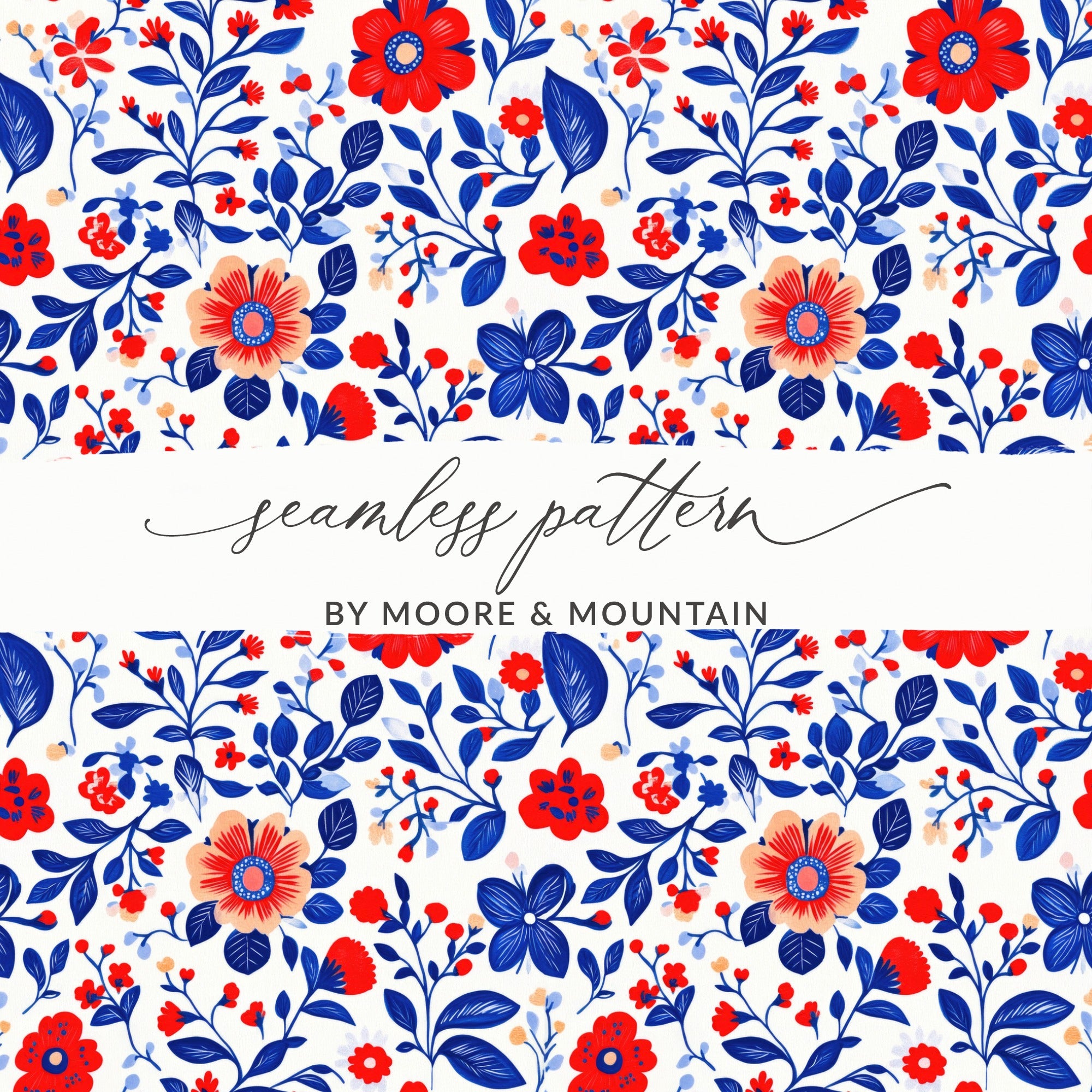 Patriotic Floral Seamless Pattern Digital Paper, USA, 4th of July, Scrapbook, Fabric Design, Red White Blue Flower Pattern, Digital Product