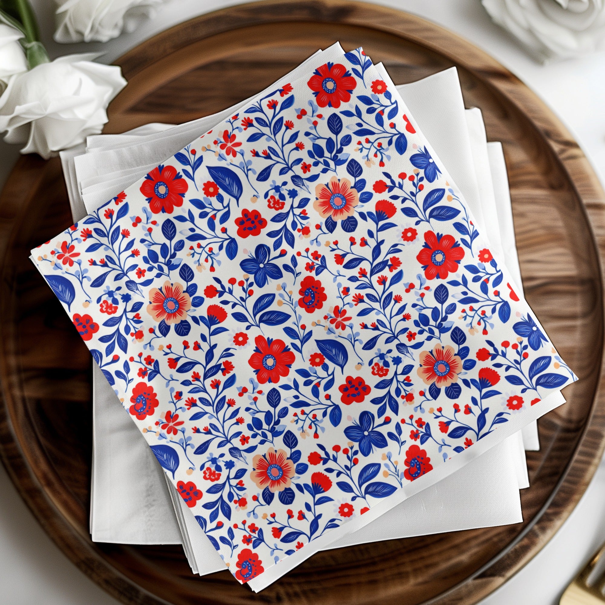 Patriotic Seamless Pattern Digital, July 4th Floral Design, Red White Blue, USA Digital Paper, Scrapbooking Fabric