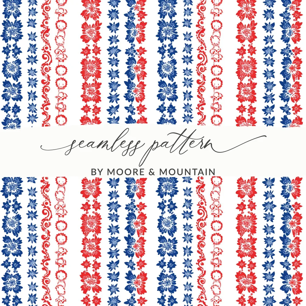 Patriotic Seamless Pattern Digital Paper, USA July 4th Floral Repeat Pattern, Red White Blue, Scrapbook Paper, Fabric Design