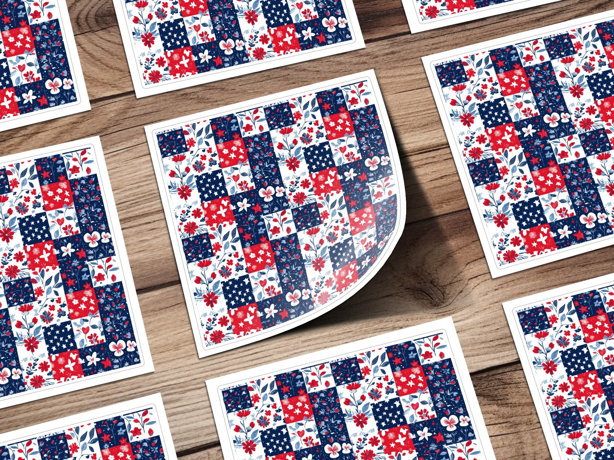 Patriotic Seamless Pattern Digital Paper USA July 4th, Red White Blue Floral, Star, Botanical Repeat Print, Fabric Design, Backgrounds