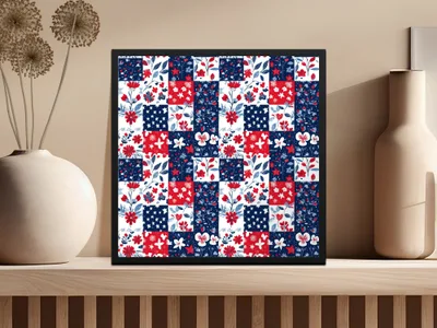 Patriotic Seamless Pattern Digital Paper USA July 4th, Red White Blue Floral, Star, Botanical Repeat Print, Fabric Design, Backgrounds