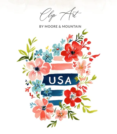 Patriotic USA Floral Preppy Clip Art Digital Art, 4th of July Independence Day PNG, Red Blue Pink Flowers Clip Art, American Summer Design SVG