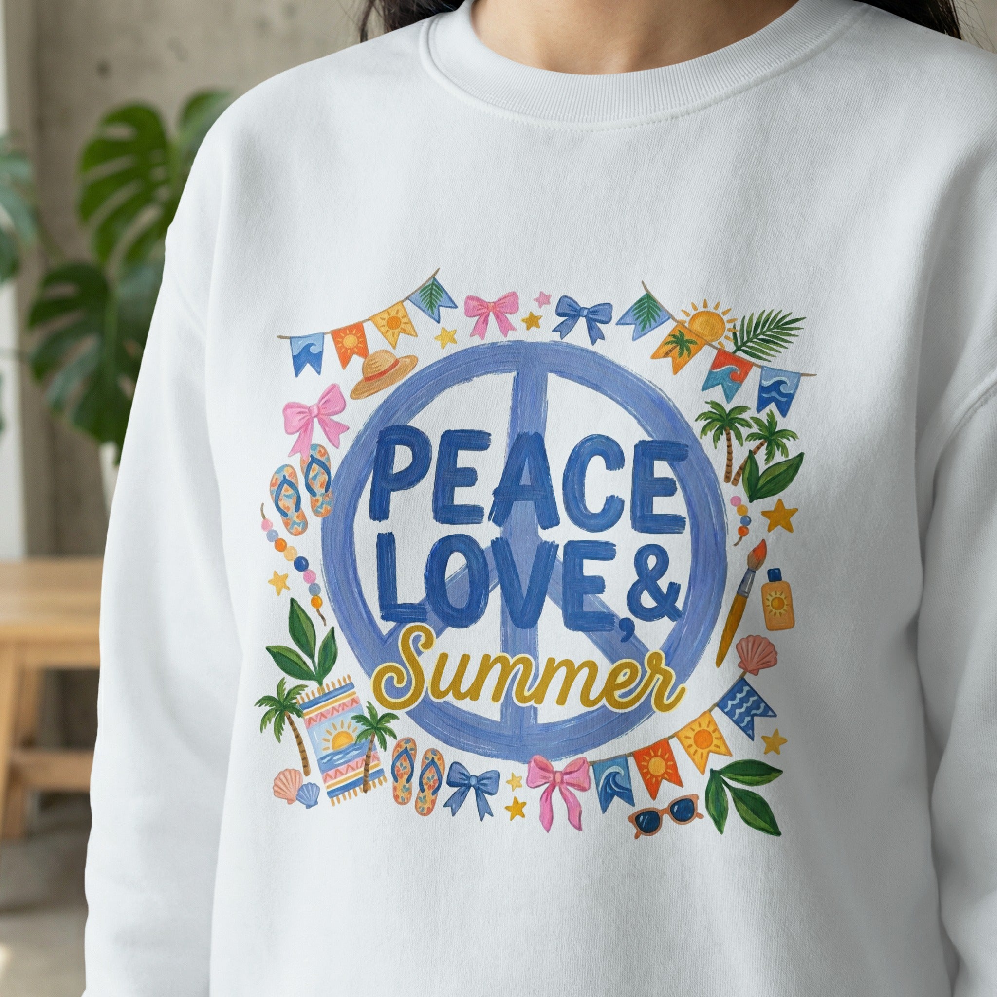 Peace Love Summer T-Shirt Design, Boho Hippie Summer Vacation Tee, Retro 70s Beach Vibes Digital PNG for Sublimation, Positive Groovy Quote