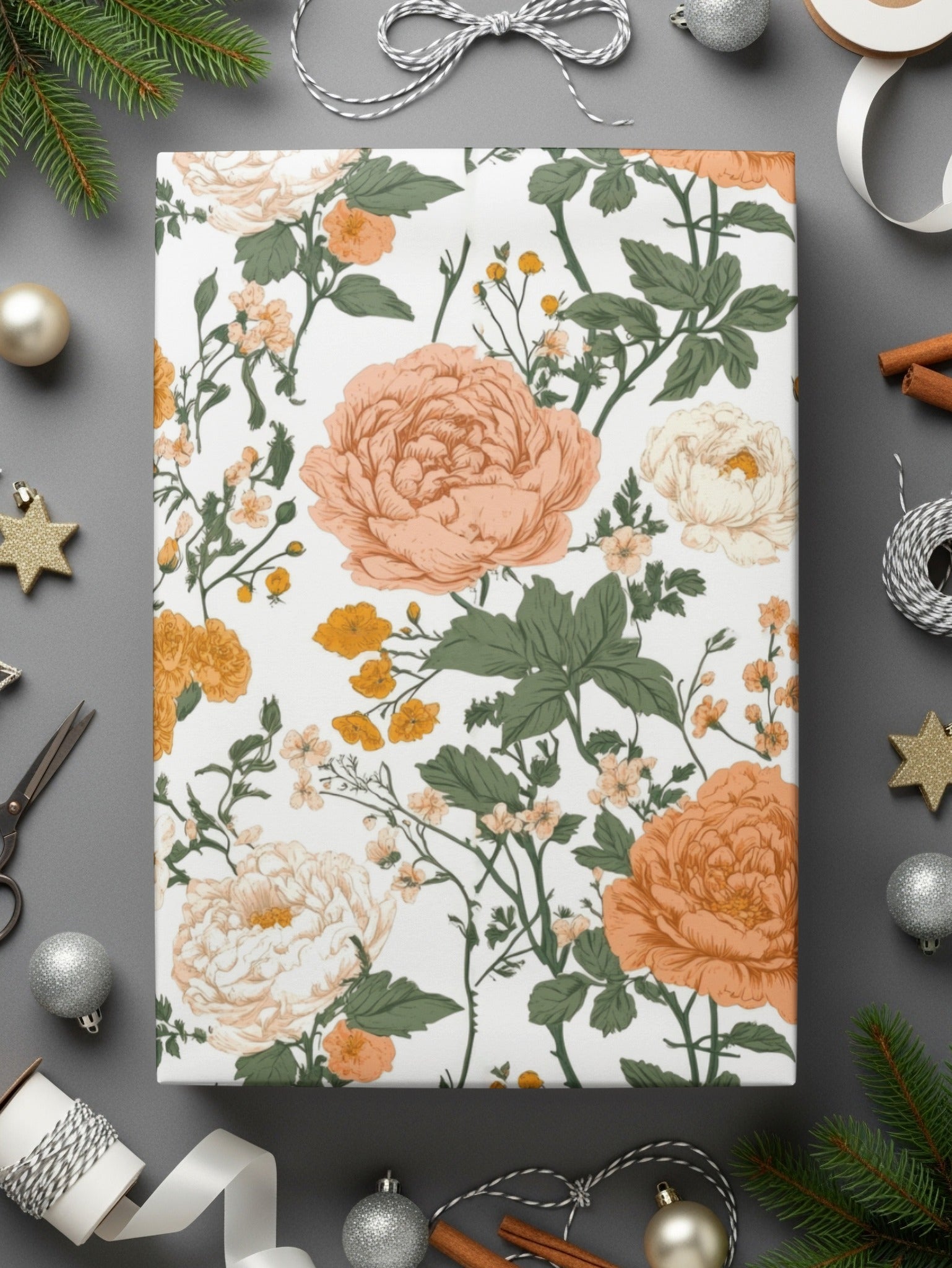 Peach Floral Digital Paper, Watercolor Flower Pattern, Orange and White Flowers, Spring Printable Paper, Scrapbooking Paper, Floral Design