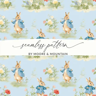 Peter Rabbit Digital Seamless Pattern, Baby Fabric, Floral Digital Paper, Kids Wallpaper, Nursery Decor, Surface Pattern, Digital Download