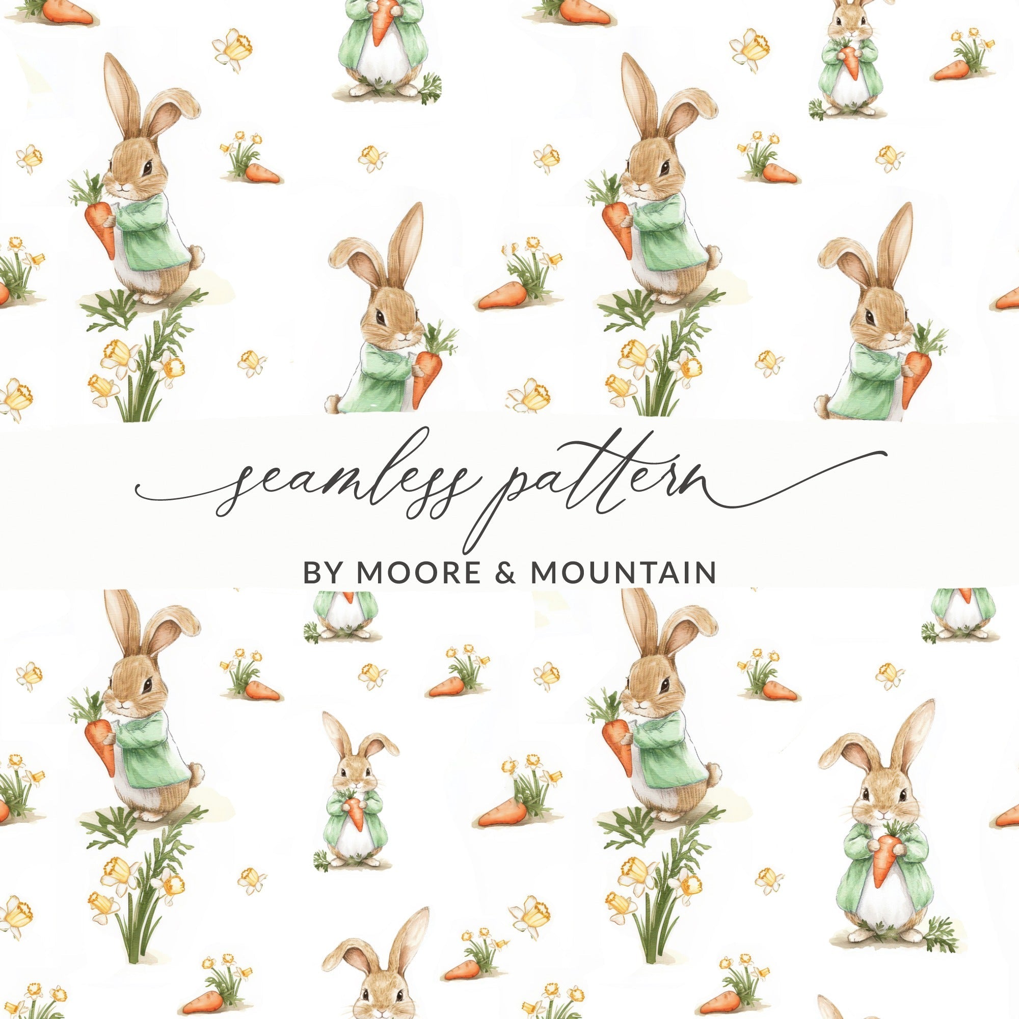 Peter Rabbit Digital Seamless Pattern, Bunny Carrot Flower Design, Kids Fabric Print, Digital Paper, Spring Easter Theme, 12x12 JPEG Digital