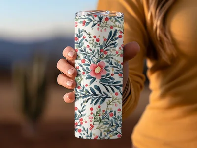 Pine Branches and Winter Berries Christmas Ditsy Floral Seamless Pattern