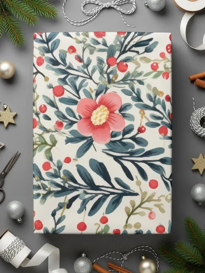 Pine Branches and Winter Berries Christmas Ditsy Floral Seamless Pattern