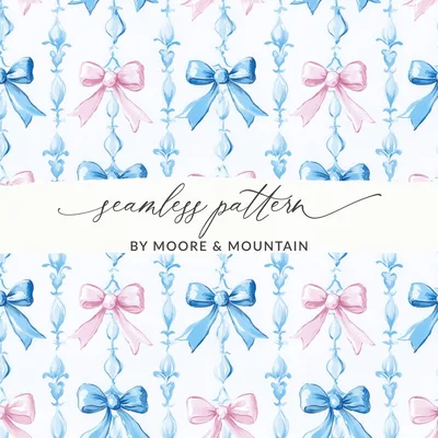 Pink and Blue Bows Digital Paper, Watercolor Seamless Pattern, Spring Background, Scrapbooking Paper, Baby Shower Invitation, Digital