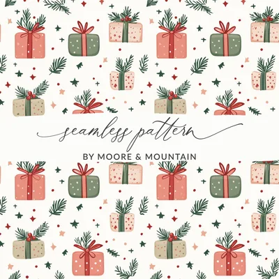 Pink and Sage Green Simple Christmas Presents Seamless Pattern Digital