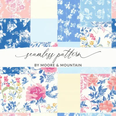 Pink Blue Seamless Patchwork Digital Paper, Patchwork Seamless Background Wallpaper Floral Patches JPEG